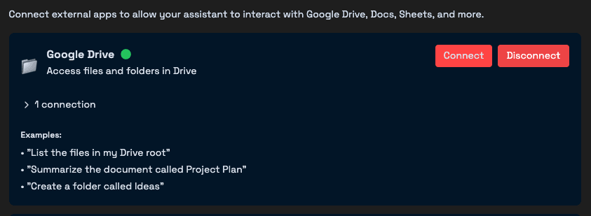 Connected Apps interface showing Google Drive, Google Docs, and Google Sheets connection options